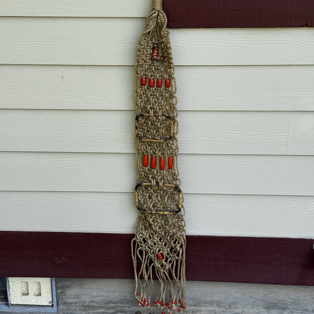 54" Macramé Wall Hanging Bamboo Ring Orange Wood Beads Caterpillar Handmade Vtg